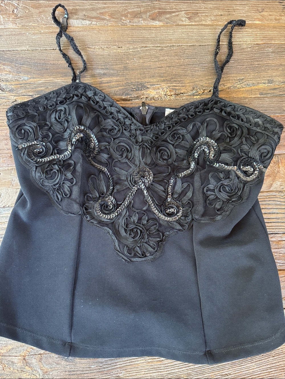 Gantos Y2K stretch black Camisole w/ mesh, ribbon and sequin embellishments‎ L